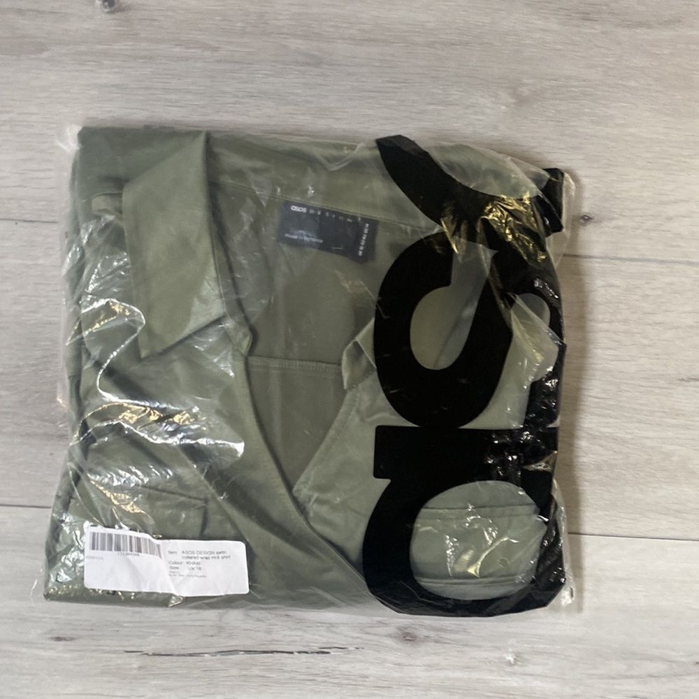ASOS Design‎ Satin Collared Wrap Midi Shirt Khaki Size 14 NWT - Picture 5 of 7